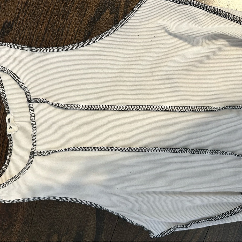 Garage White Ribbed Tank Top with Black Stitching